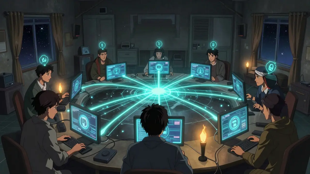 Group of people connecting devices with visible energy lines in a dim secret room.