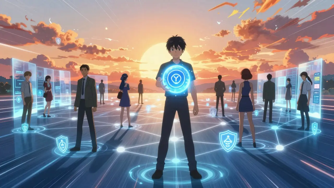 Hero holds glowing orb with privacy and security symbols surrounded by community