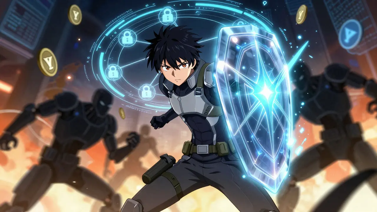 Heroic defender raising an energy shield against shadowy bot attackers.