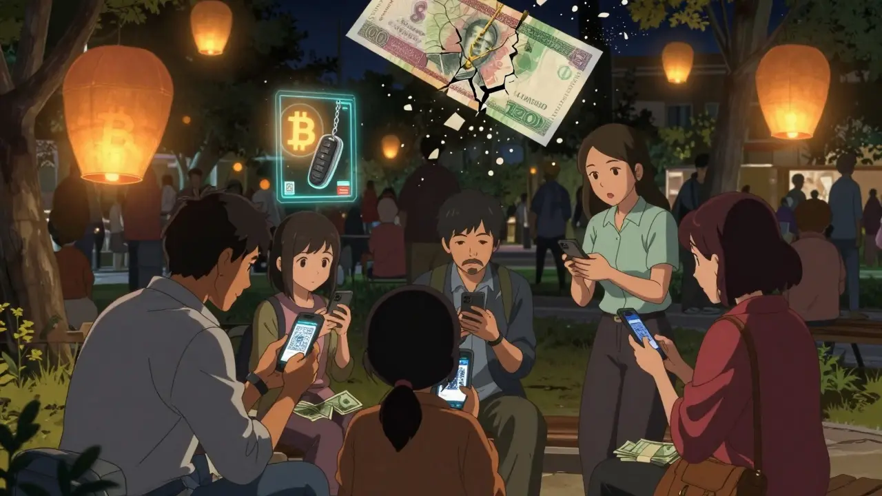 Ordinary Iranians trading cash for Bitcoin in a park at night, with digital symbols floating upward.