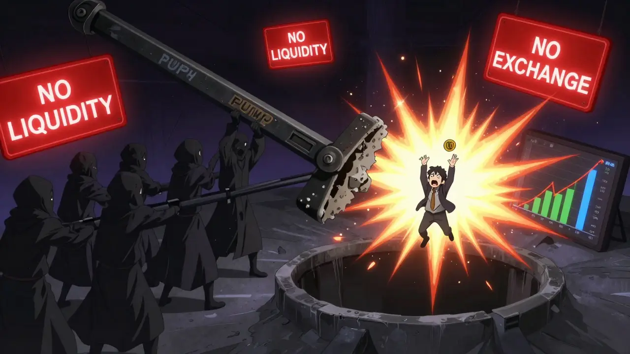 Shadowy figures pumping a broken lever labeled 'PUMP' while an investor clings to a single VIBLO token over a void with zero volume warnings.