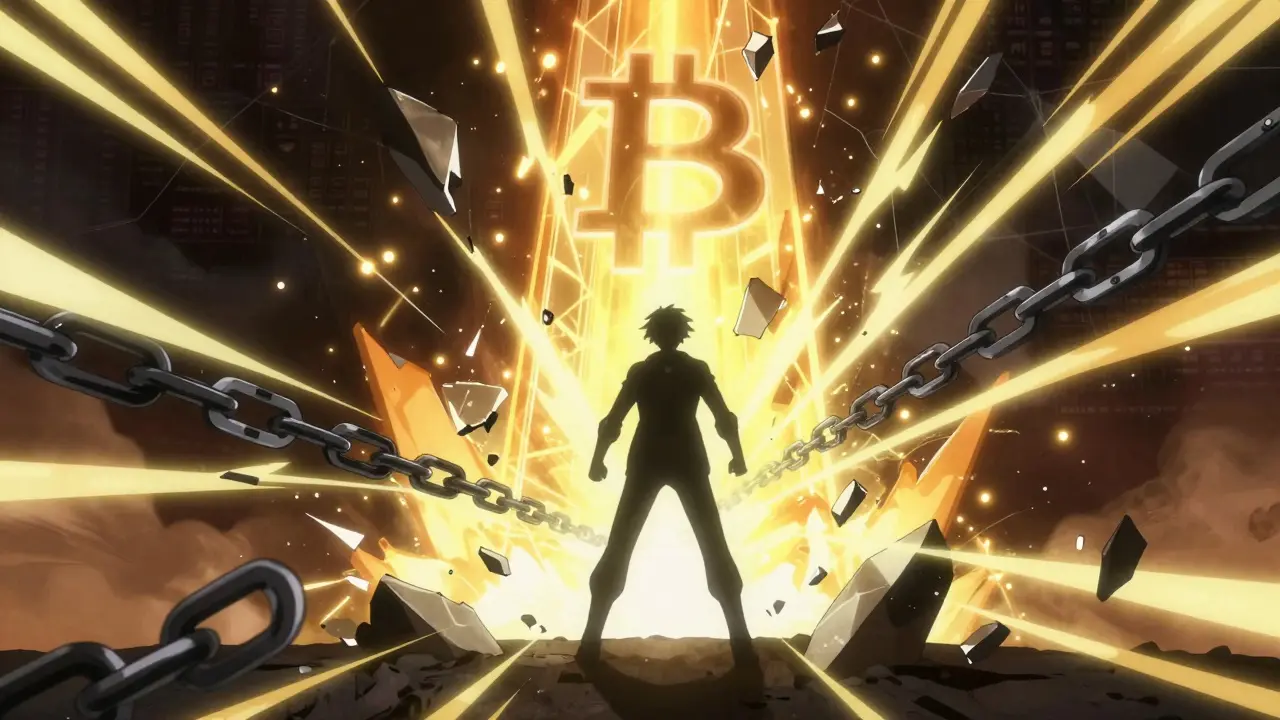 Solitary silhouette activates glowing monolith as chains shatter releasing golden energy in dark void.