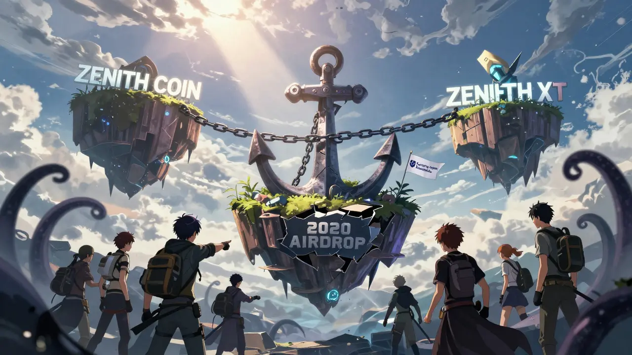 Three floating islands labeled with different Zenith names, connected to a broken anchor, under a cyberpunk sky.