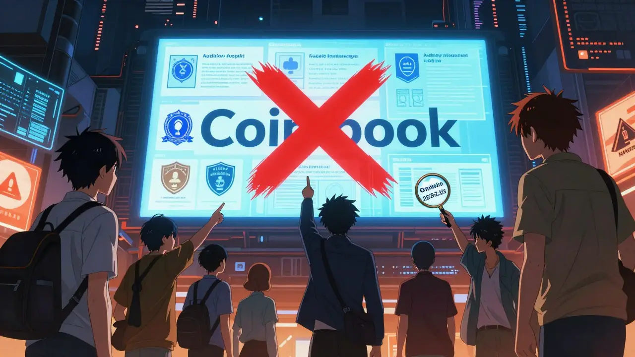 Traders pointing at a 'Coinbook' billboard with a red X, while secure exchanges glow behind them.