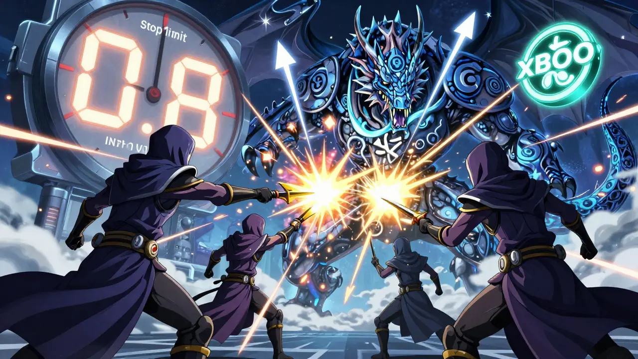 Warriors fight a token dragon using liquidity pools and stop-limit arrows, with an xBOO token glowing as their power source.