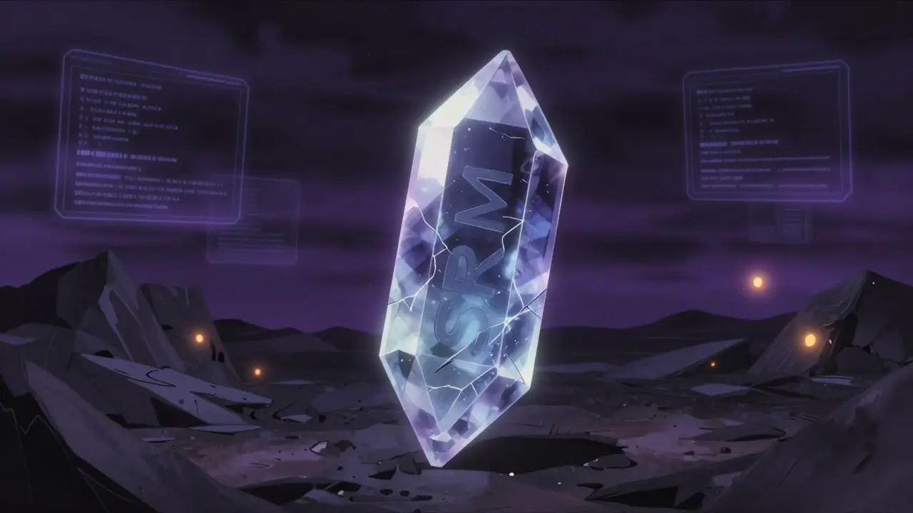 A cracked SRM token floating in a glitchy, dark digital void