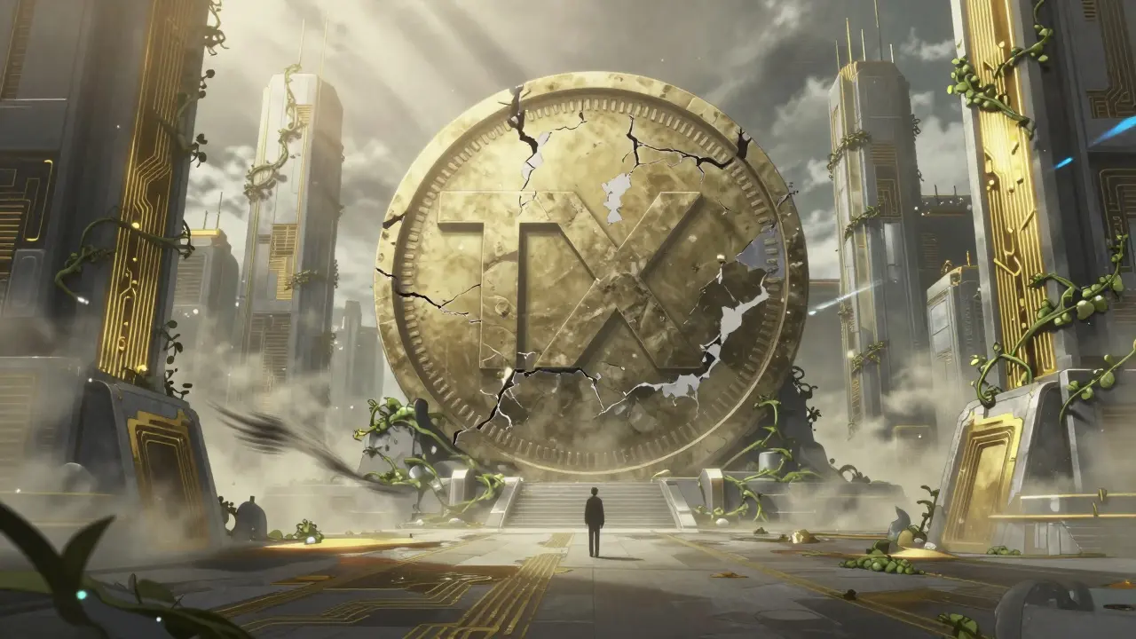 Abandoned futuristic digital city with a cracked and fading TX coin monument.