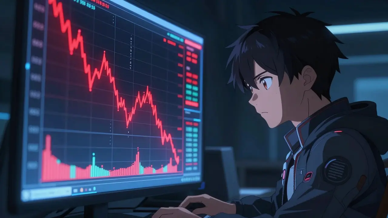 Anime character analyzing a glowing red bearish price chart on a holographic screen.