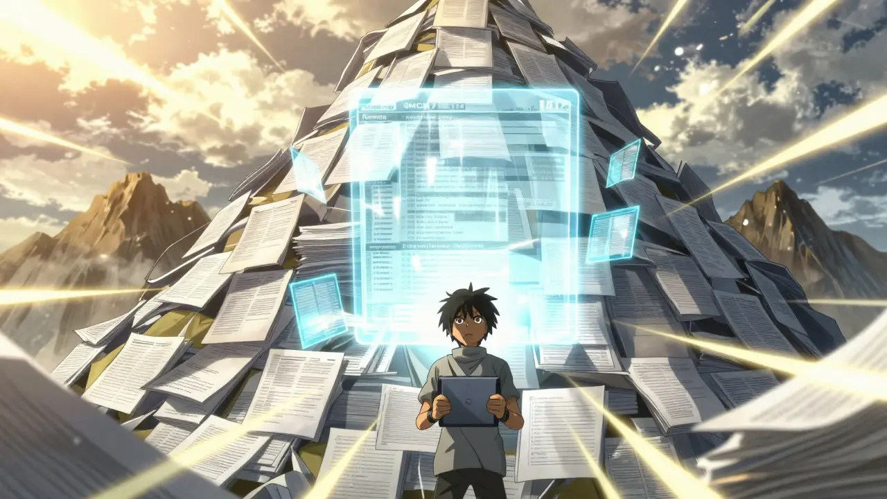 Anime character facing a towering mountain of digital tax forms and holographic documents