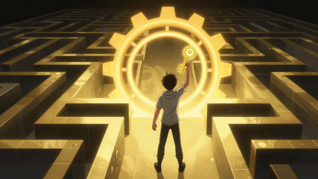 Anime character holding a golden key in a cosmic digital labyrinth representing a DEX