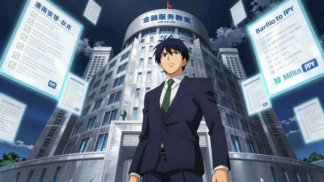Anime character in a suit facing a massive fortress representing Japan's strict crypto licensing requirements.