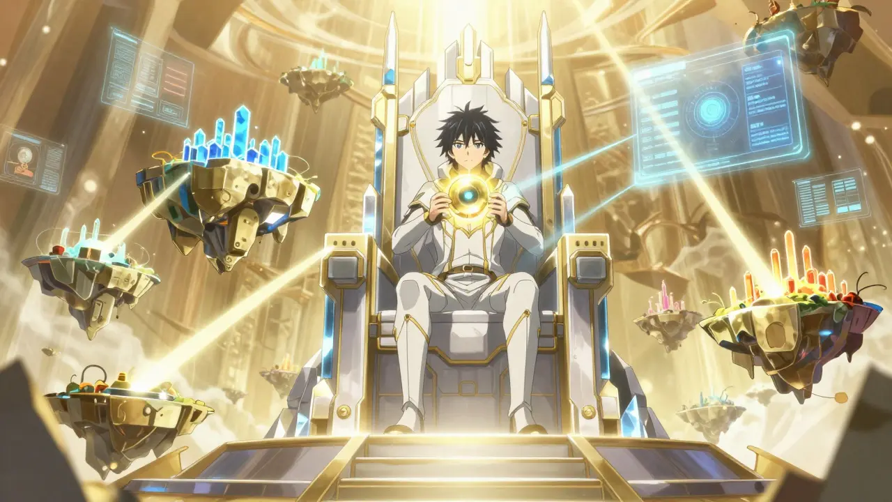 Anime character on a tech throne directing reward flows to liquidity pools via holographic interfaces.