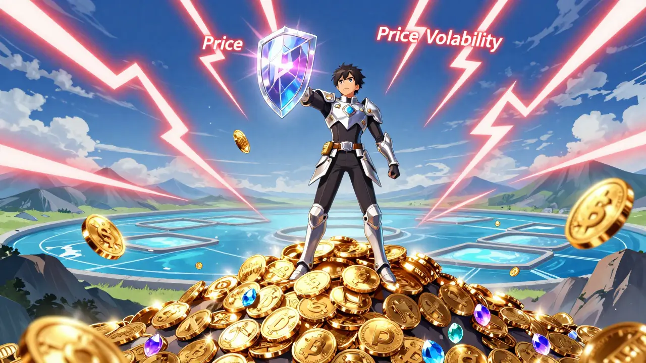 Anime character standing on a pile of gold coins using a shield to block red lightning bolts.