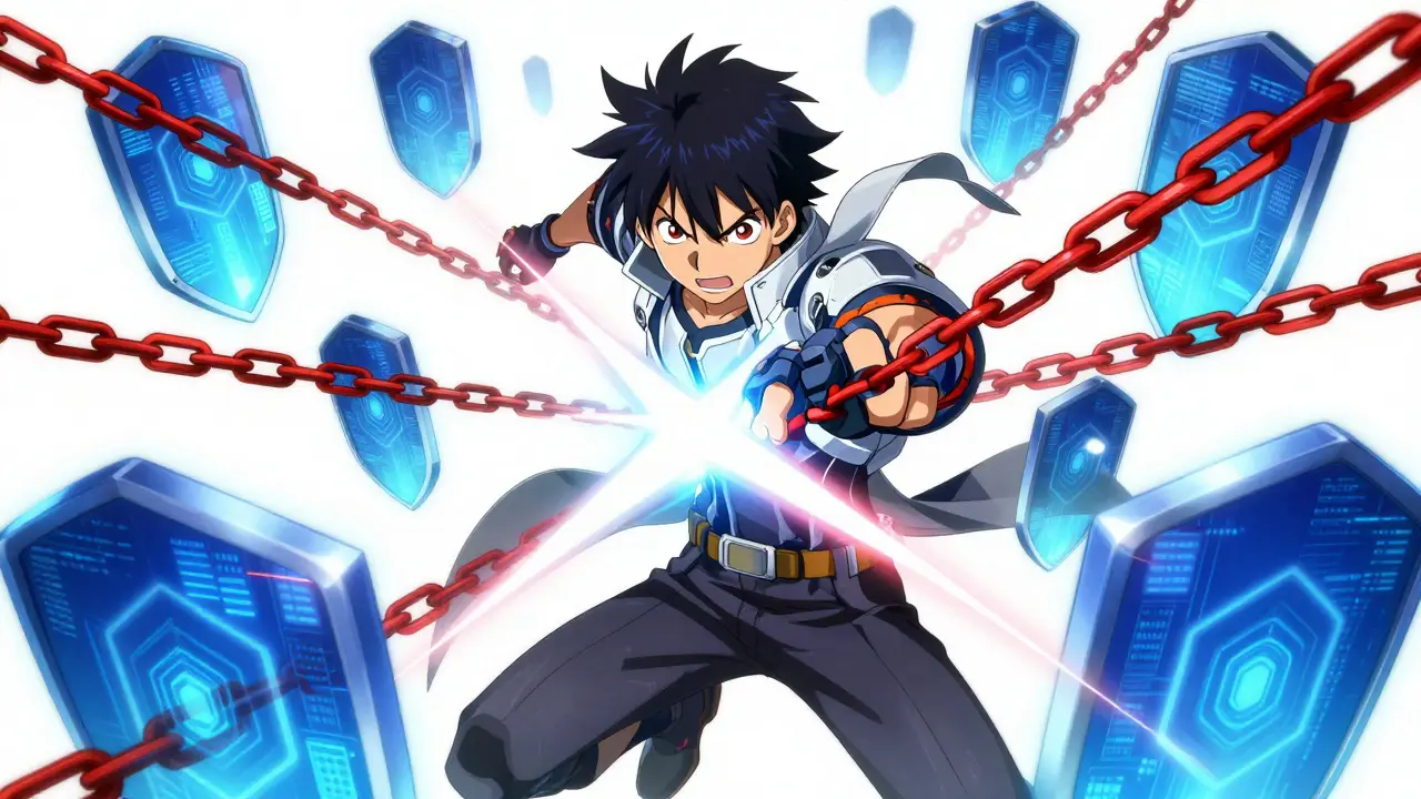 Anime character using digital shields to destroy red scam chains in cyberspace