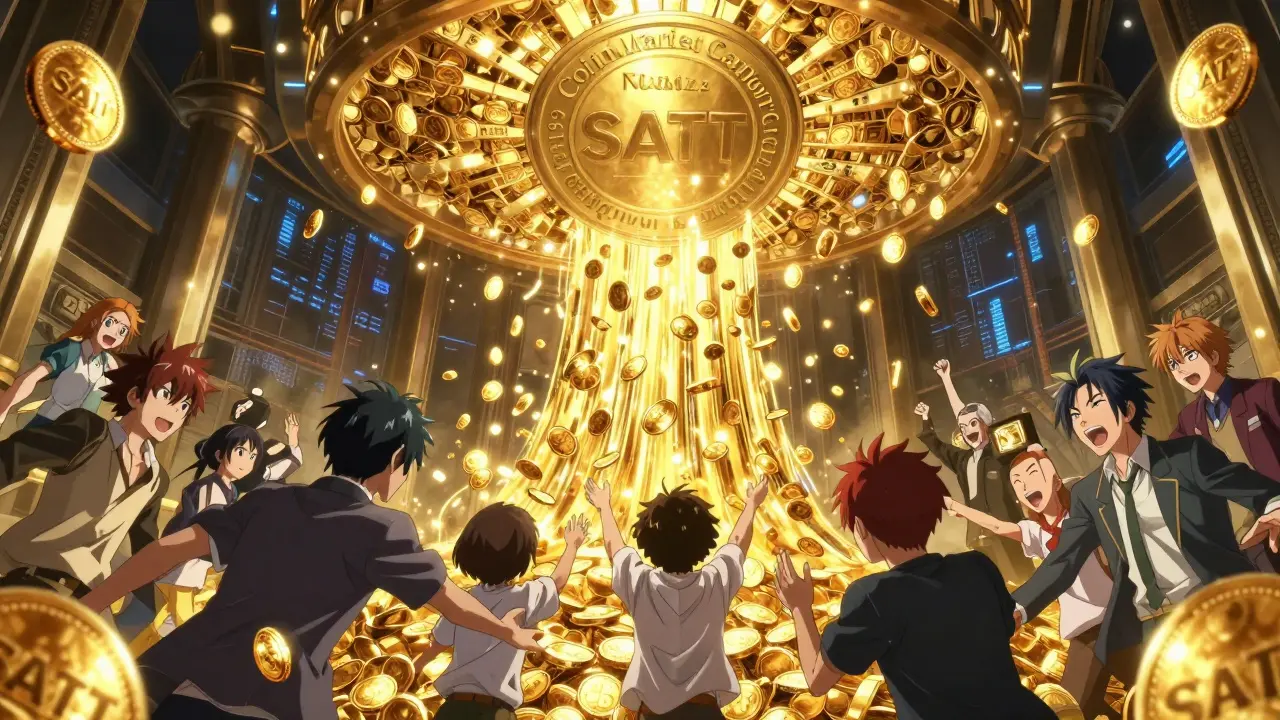 Anime characters receiving a river of glowing gold tokens from a digital vault.