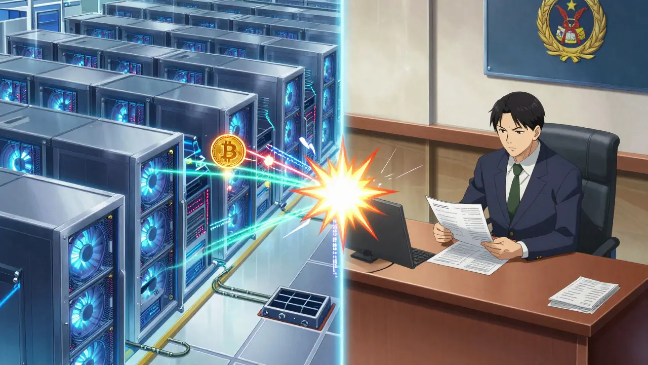 Anime depiction of a crypto mining farm connected to a government tax office