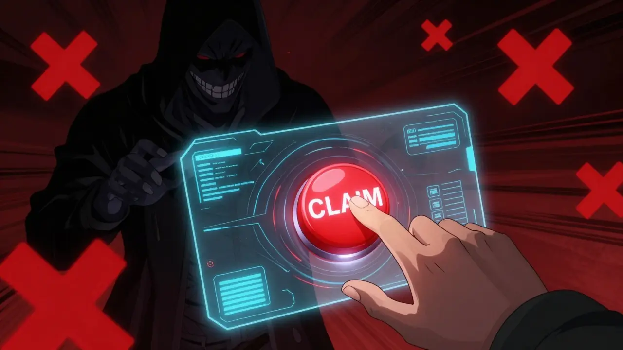 Anime depiction of a dangerous scam button with a shadowy figure in the background