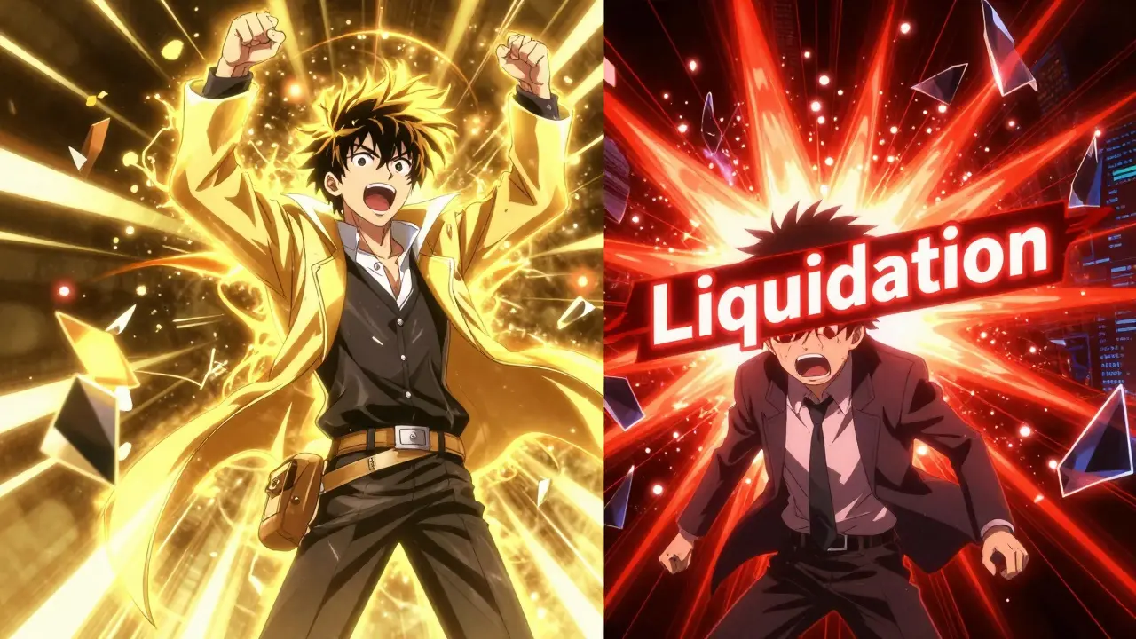 Anime depiction of trading success versus the shock of a digital liquidation event.