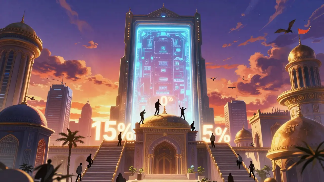 Anime futuristic city with a digital staircase showing declining tax percentages