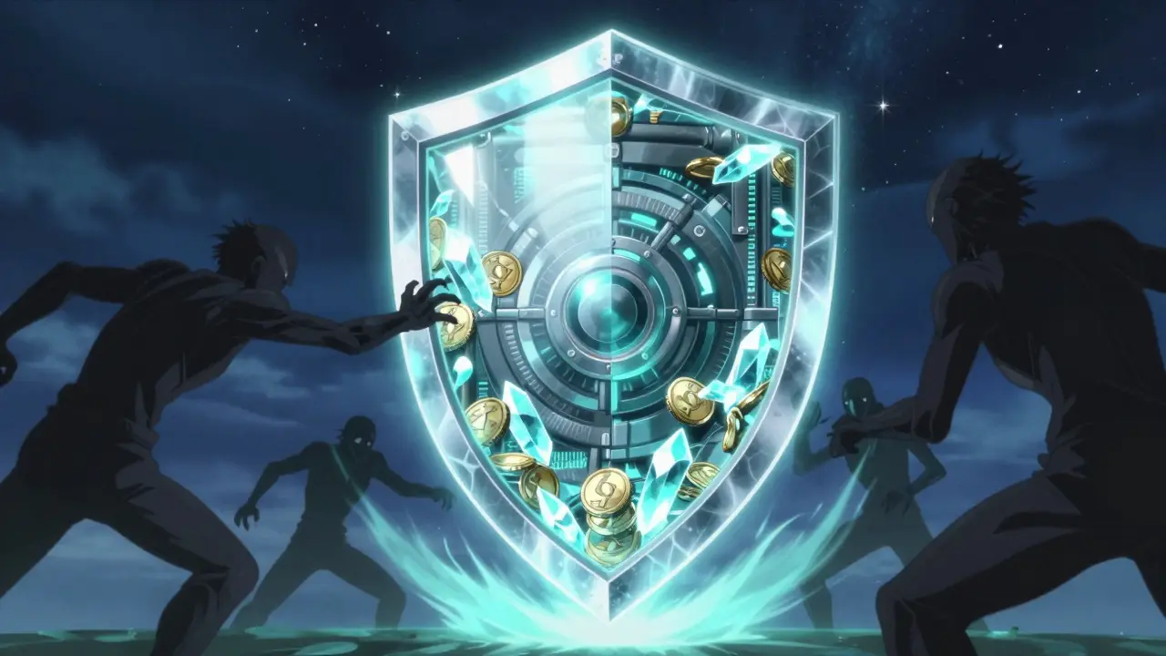 Anime illustration of a glowing crystal shield protecting a digital vault from shadowy figures.