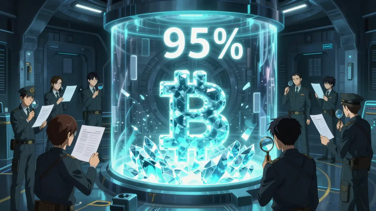 Anime illustration of a high-tech secure vault protecting crypto assets under the gaze of regulators.