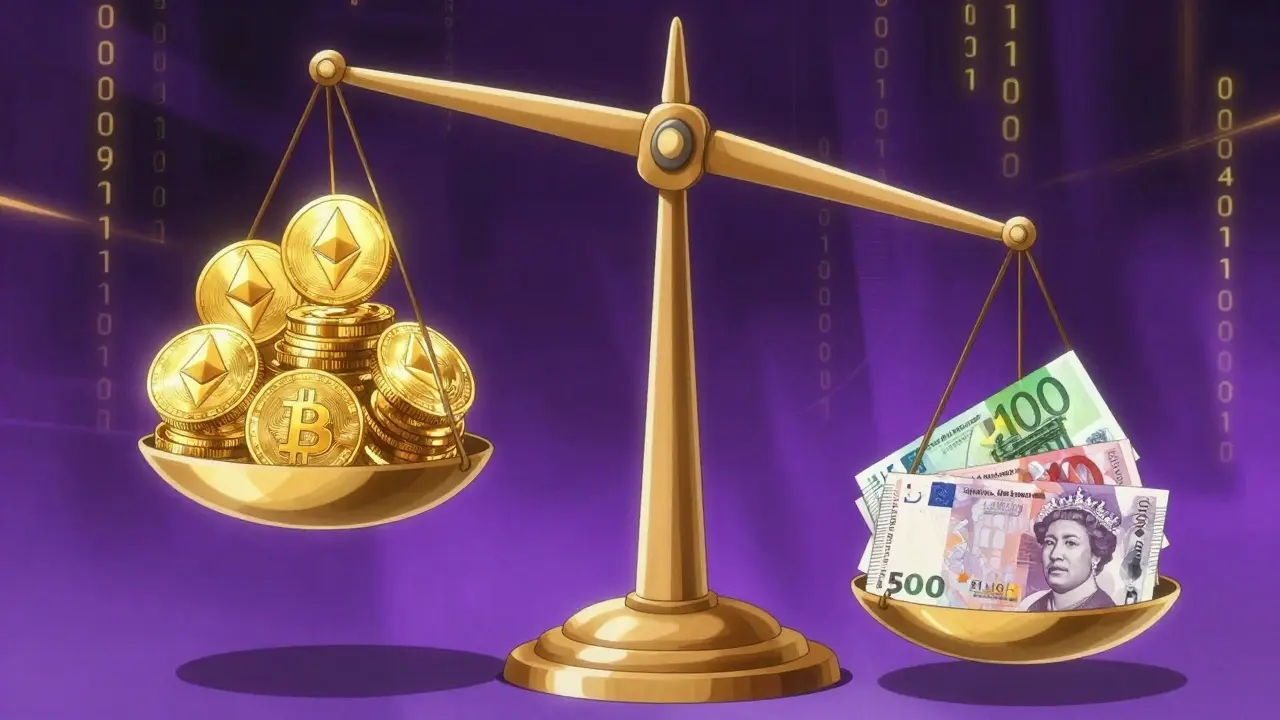 Anime illustration of a scale balancing digital cryptocurrencies and physical fiat currencies