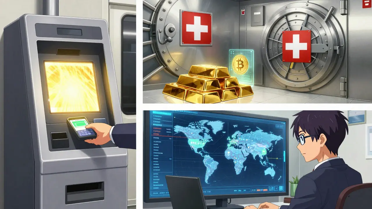 Anime montage of a crypto-enabled ticket machine, a digital bank vault, and a compliance officer