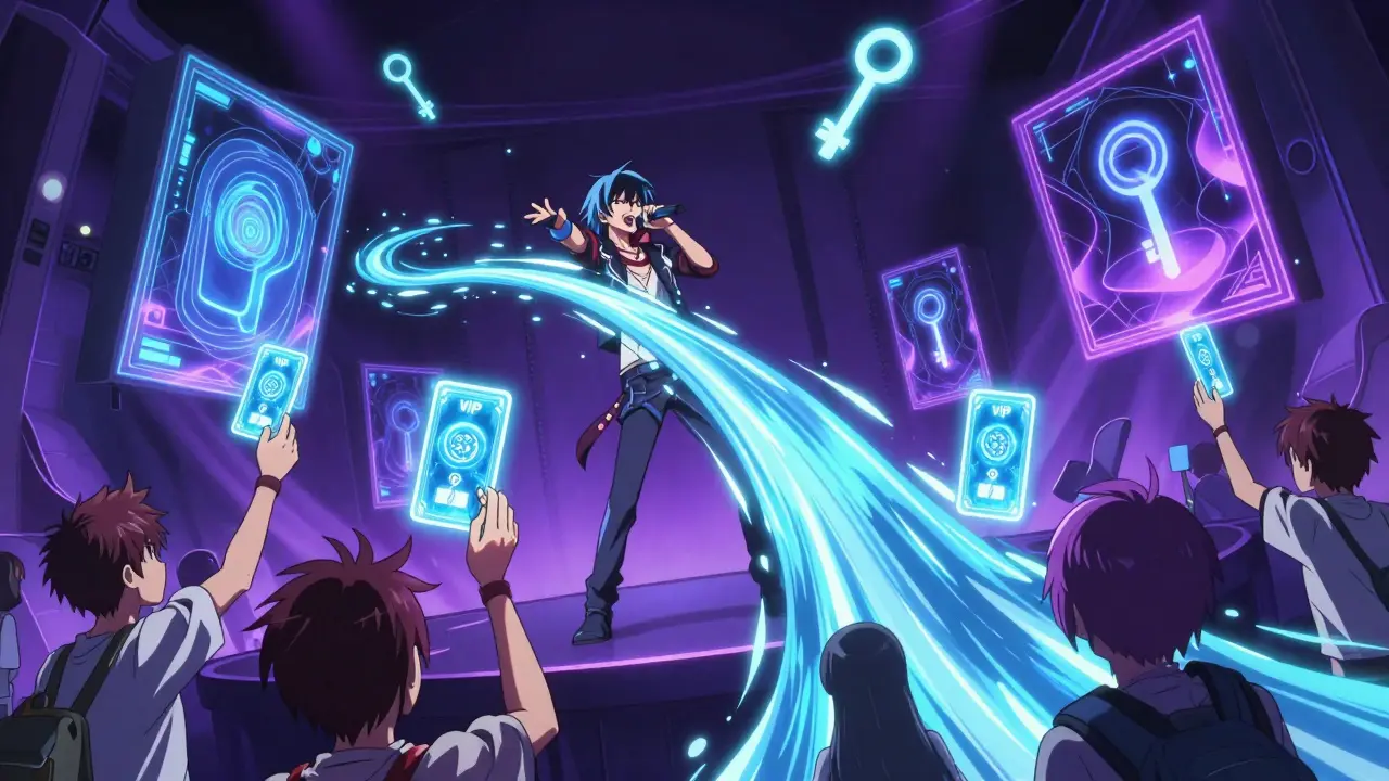 Anime musician exchanging glowing blue tokens with fans to unlock VIP rewards.
