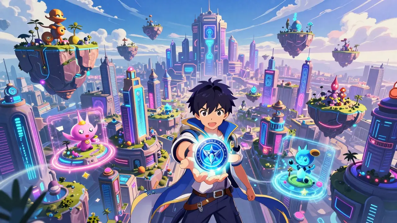 Anime protagonist holding a glowing token in a vibrant, neon Metaverse city.