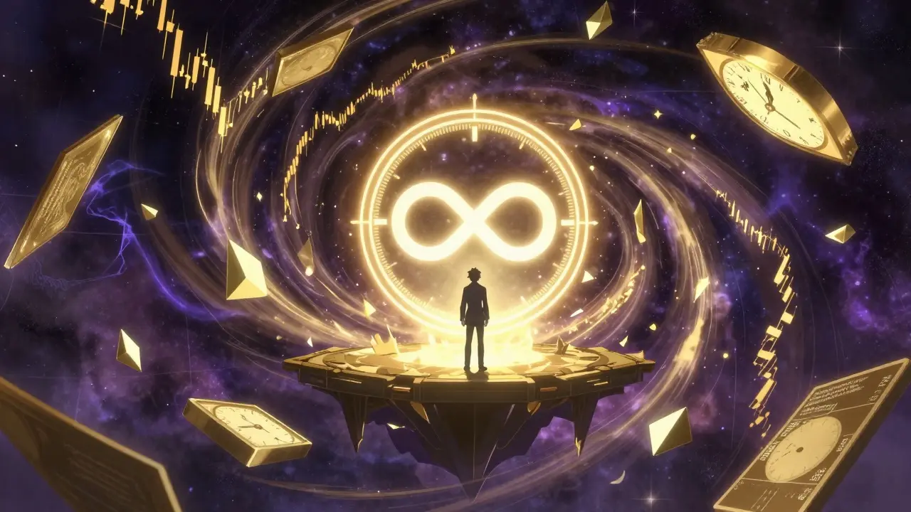 Anime scene illustrating perpetual options with a glowing infinity symbol in a cosmic void.