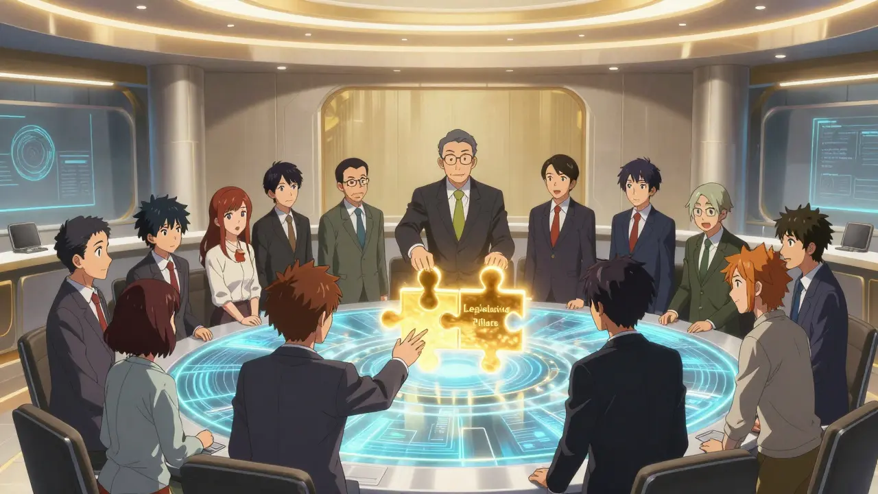 Anime scene of developers and officials collaborating over a glowing holographic puzzle of legislation.
