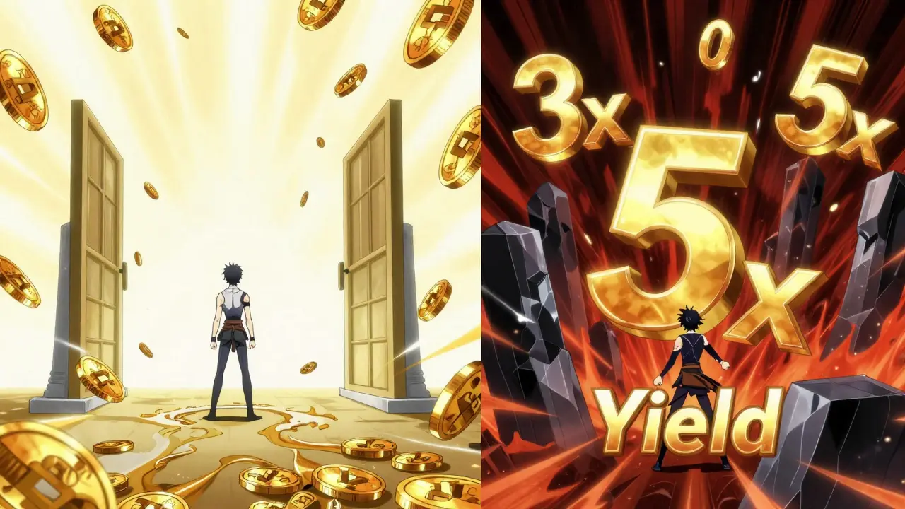 Anime split-scene comparing easy access to assets versus high-reward locked liquidity pillars.