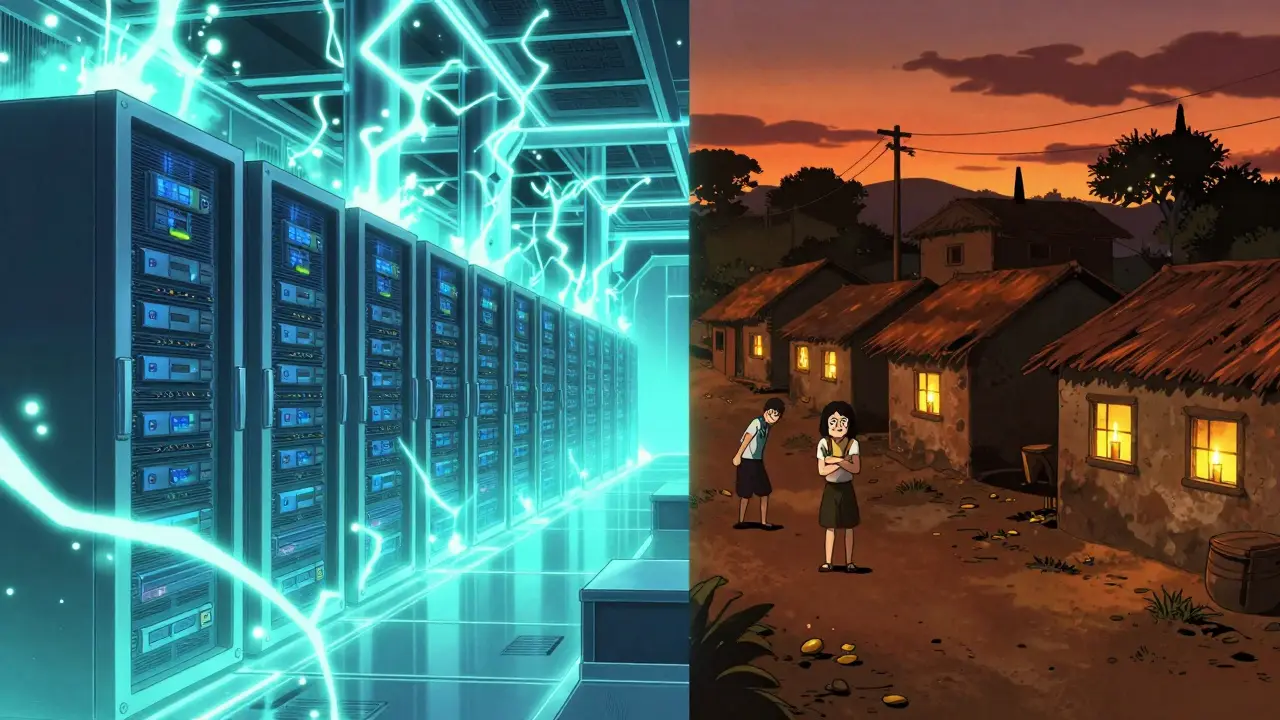 Anime split-screen showing a power-hungry server farm and a dark village.
