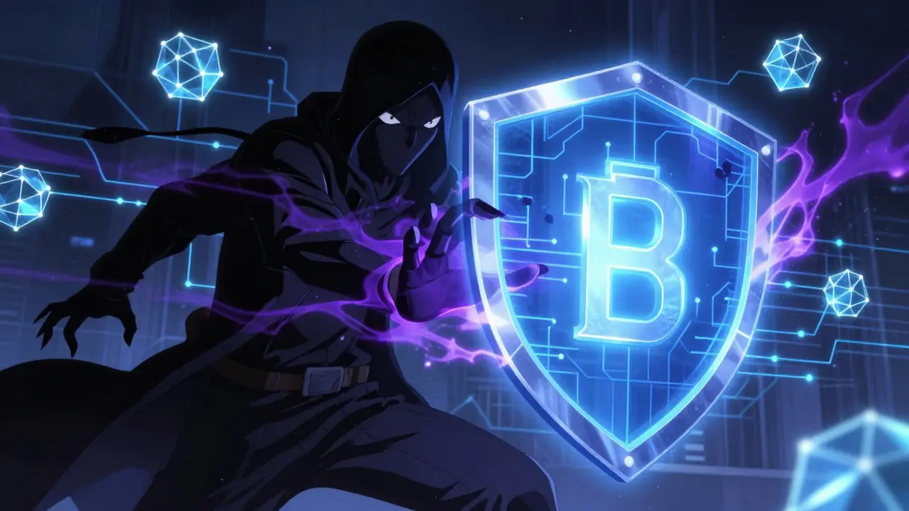 Anime style digital shield protecting a crypto-wallet from a shadowy figure.