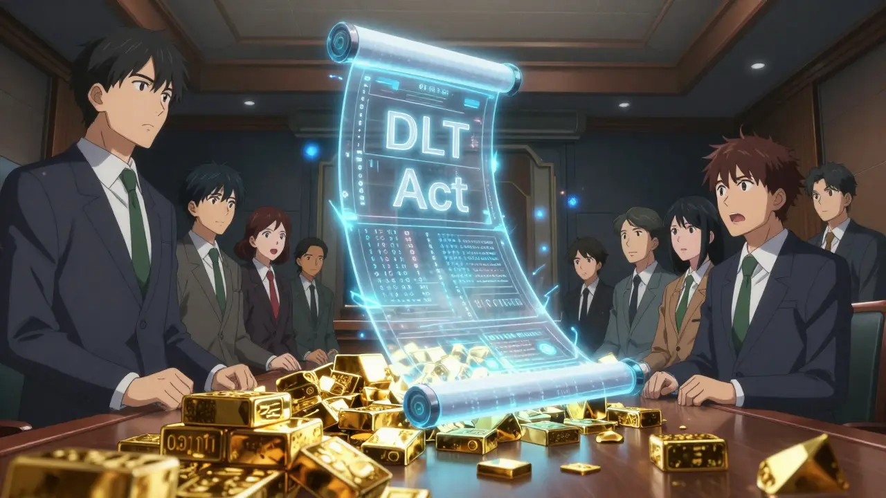 Anime style glowing digital scroll representing the DLT Act bridging traditional and digital finance