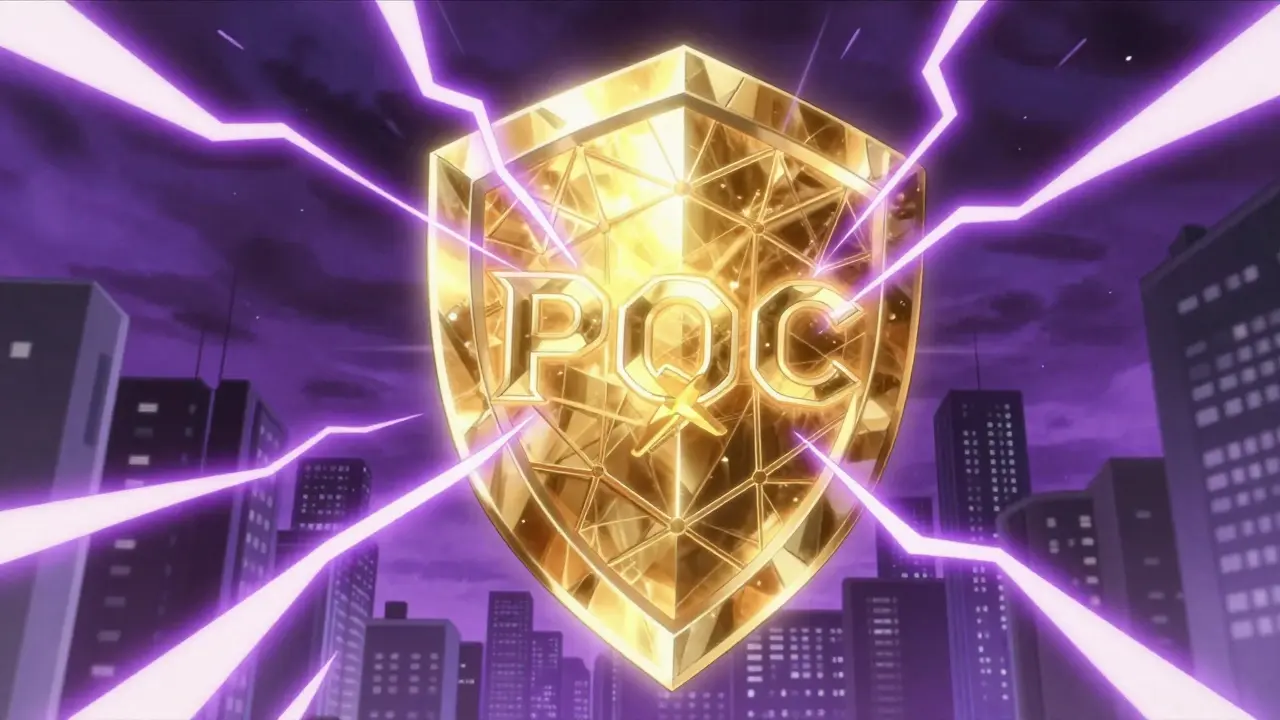 Anime style golden lattice shield protecting a digital city from purple quantum lightning.