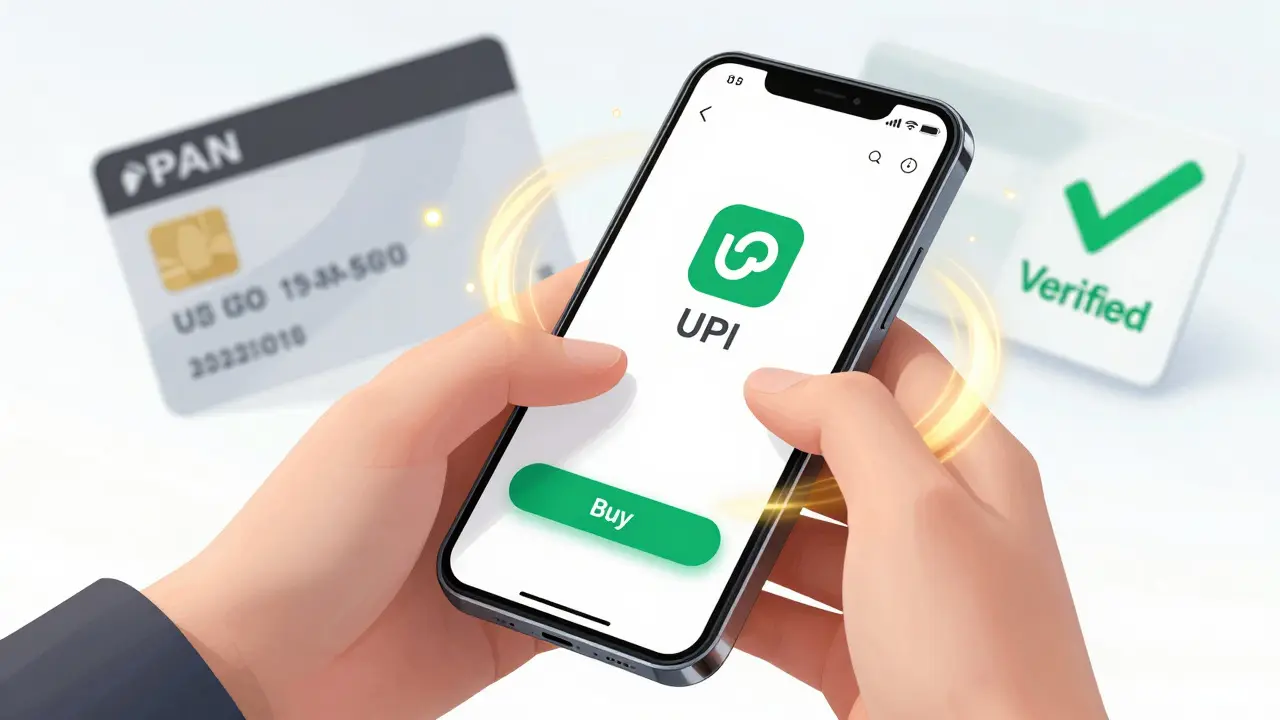 Close-up of a smartphone executing a fast crypto purchase using UPI with verification icons