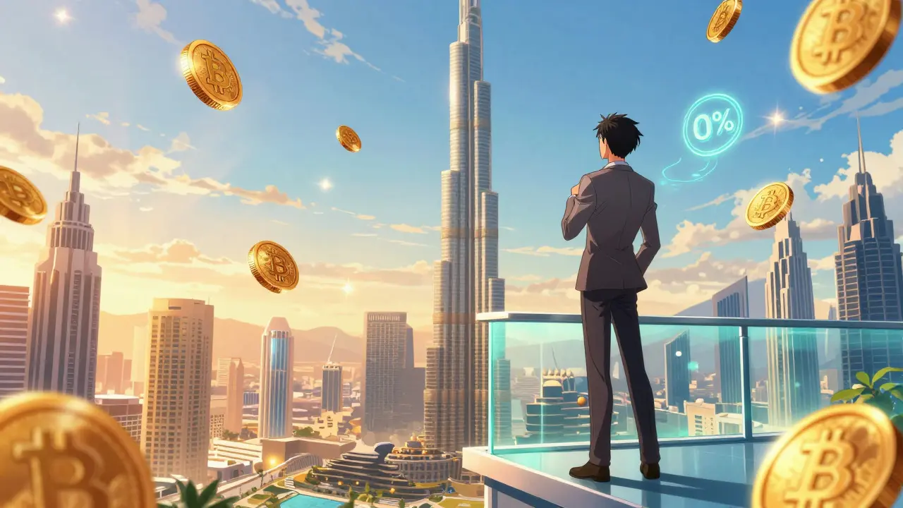 Confident trader overlooking Dubai skyline with floating gold crypto symbols.