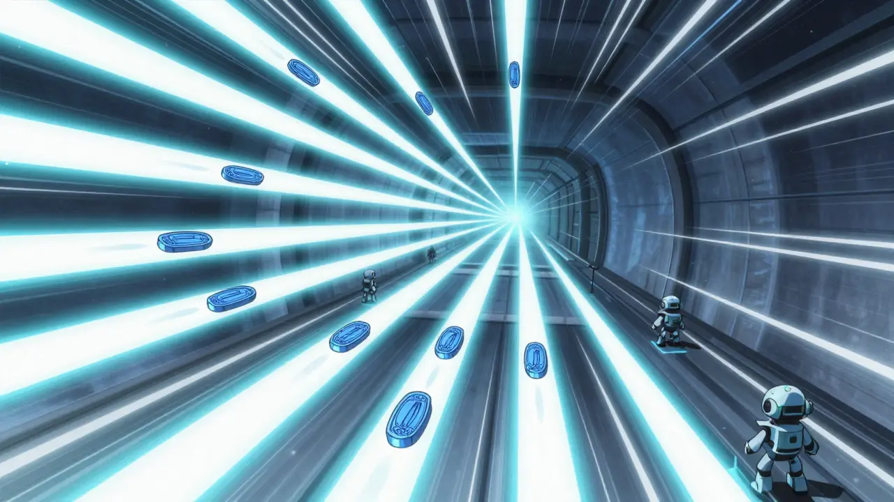 Digital streams splitting into multiple parallel glowing lanes.