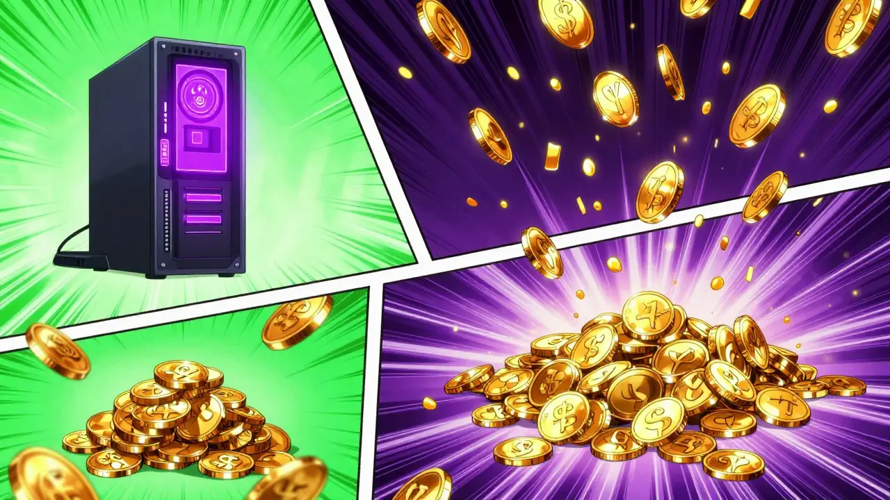 Dynamic anime montage of digital coins and glowing computer hardware representing rewards