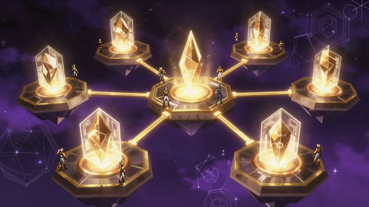 Floating data shards connected by golden light bridges.