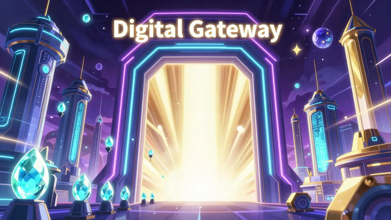 Futuristic anime portal symbolizing a project launchpad with glowing crystals and neon lights.