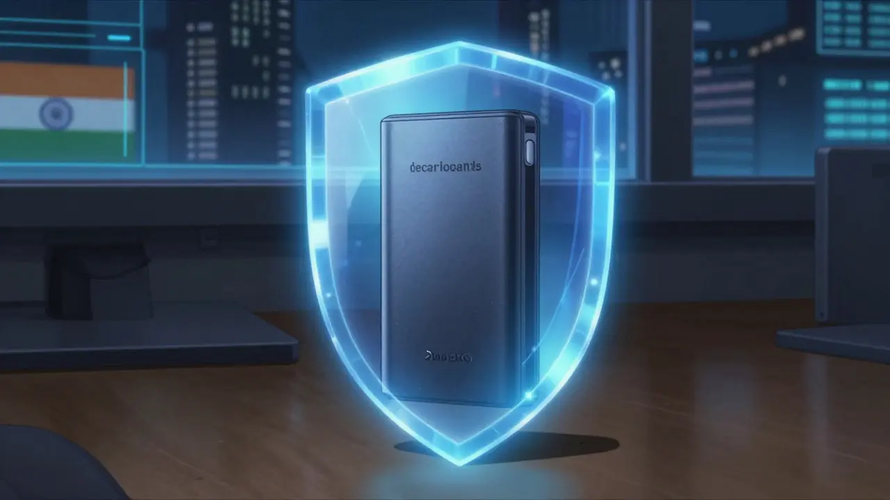 Hardware wallet on a desk emitting a glowing blue protective shield for security