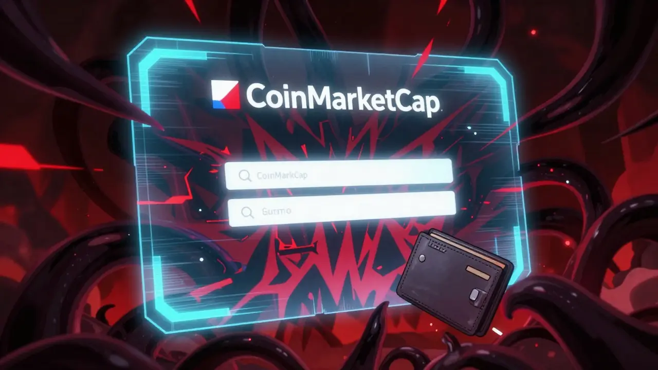 Holographic fake login page transforming into a digital trap with dark tentacles