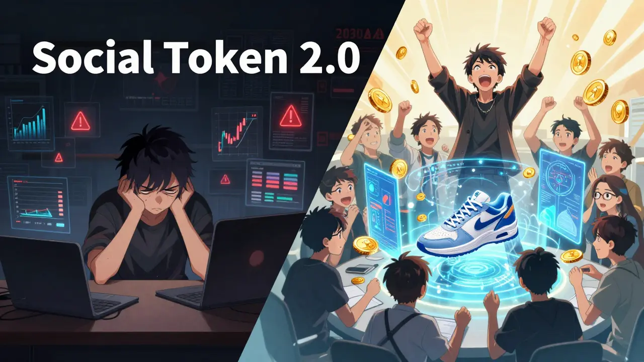 Split anime scene showing a creator's struggle with financial management versus a successful future.