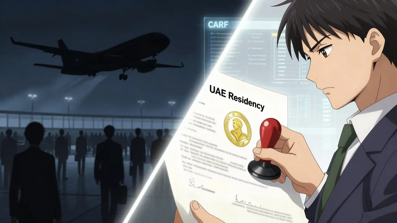 Split scene showing a plane departure and a UAE residency document being stamped.