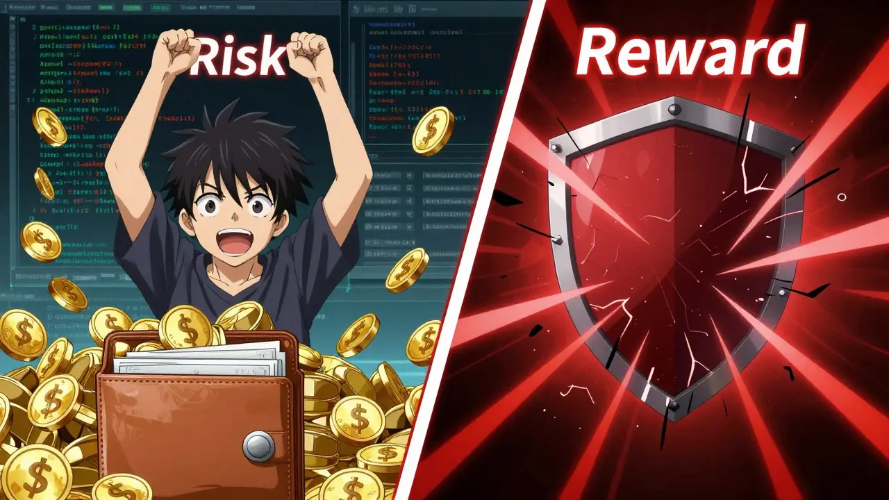 Split-screen anime scene showing the contrast between earning rewards and losing stakes