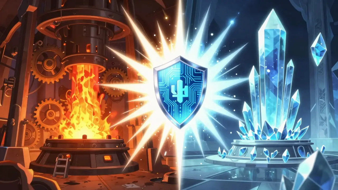 Split screen showing mechanical mining gears and crystalline staking energy colliding.