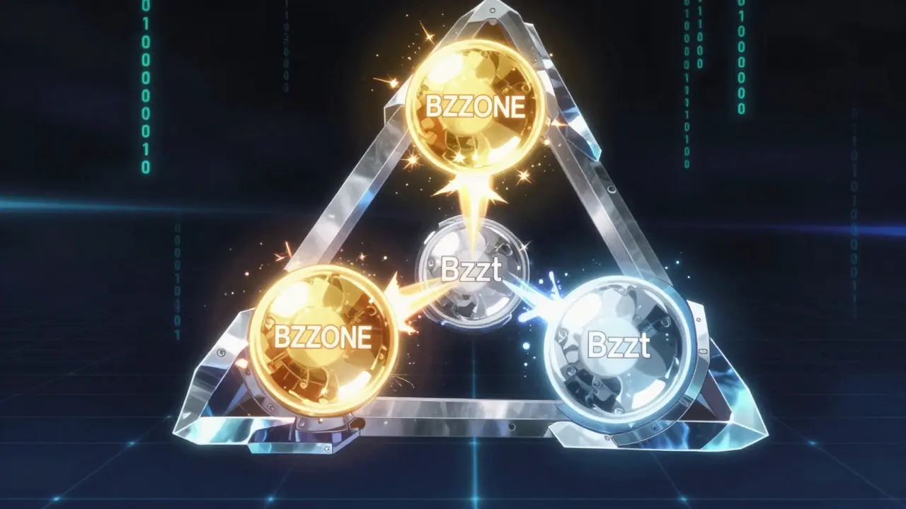Three glowing energy spheres locked in a futuristic triangular mining machine.