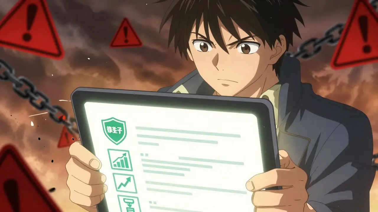 A hero checking safety protocols against a backdrop of crypto warning signs.